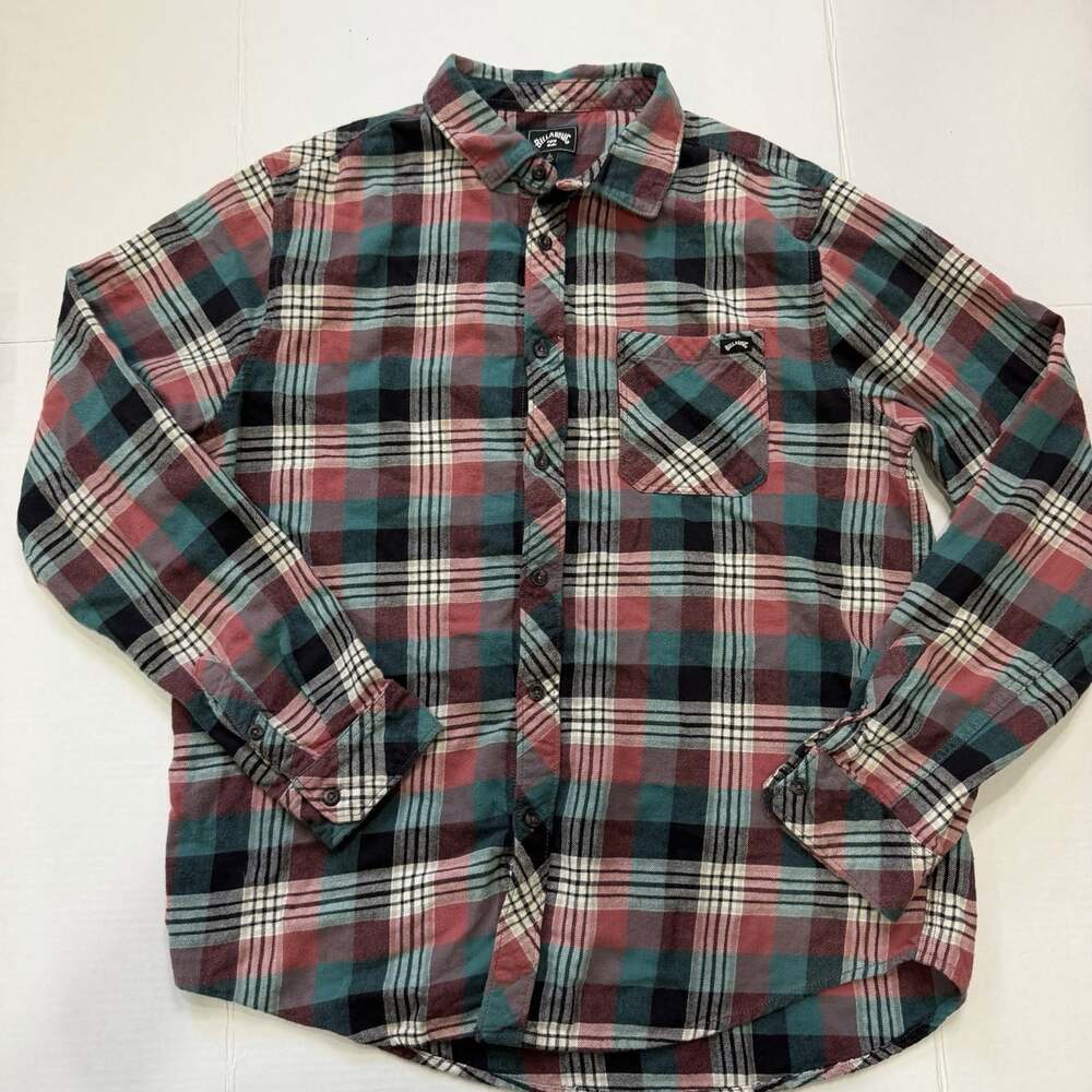 Billabong Men's Flannel Button Up Long Sleeve Cotton Large Coastline Red Green